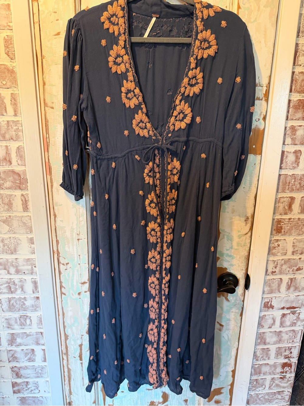 Free People Embroidered Boho Maxi Dress Navy Copper Floral Size S